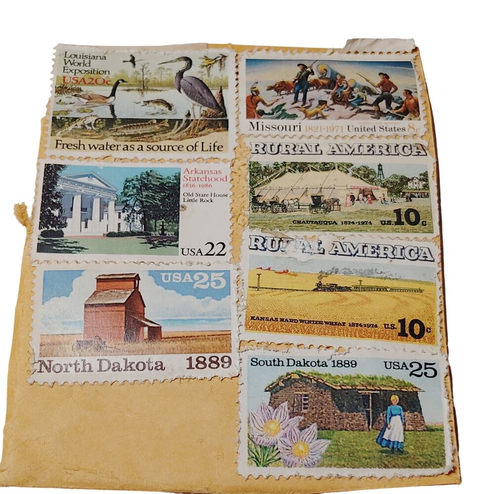 Vintage US Postage Stamps Collection - Historical & Nature Art on Tan Backing
